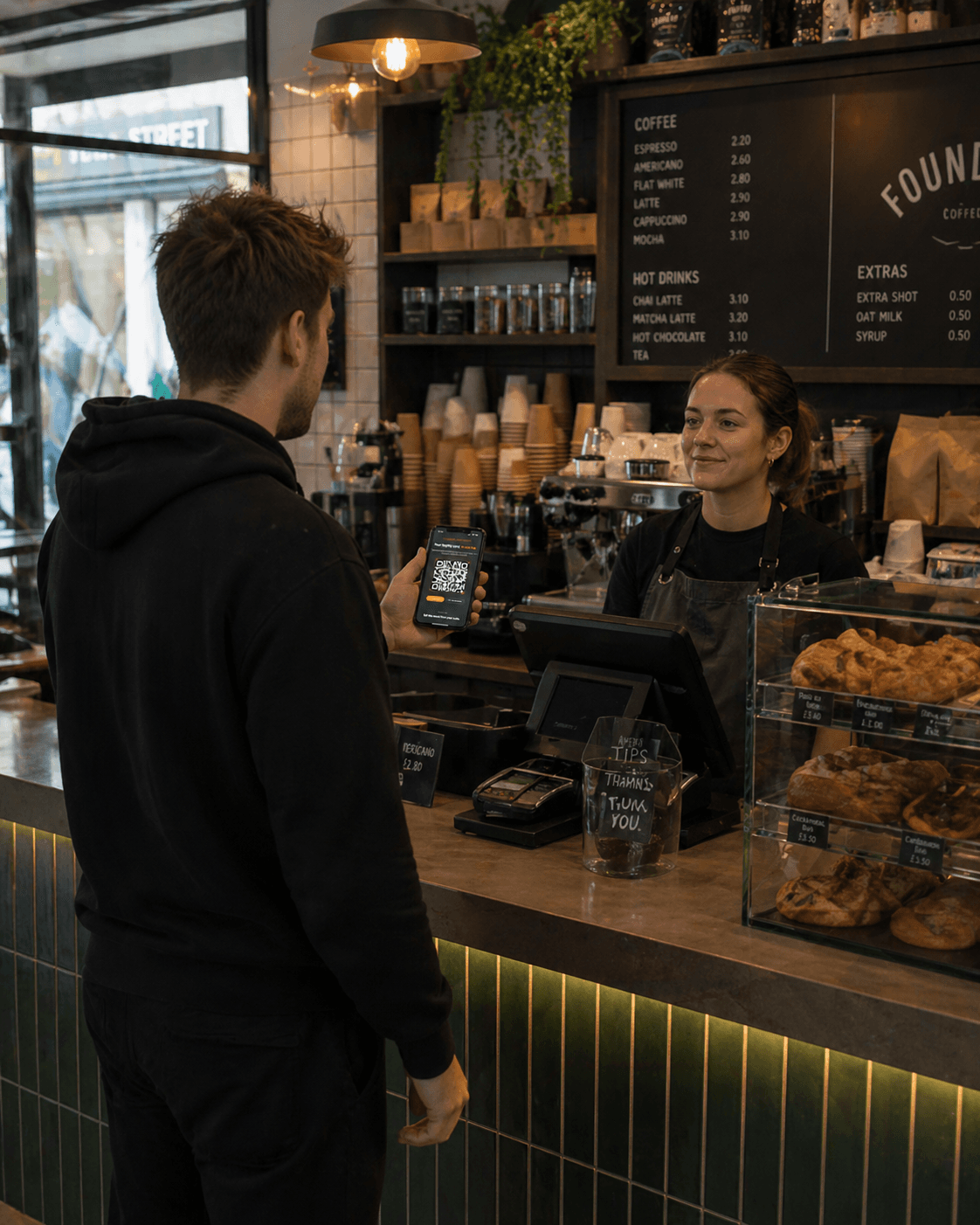 A customer holding up their phone with a Loyalty Club QR code for a barista to scan at the café till.