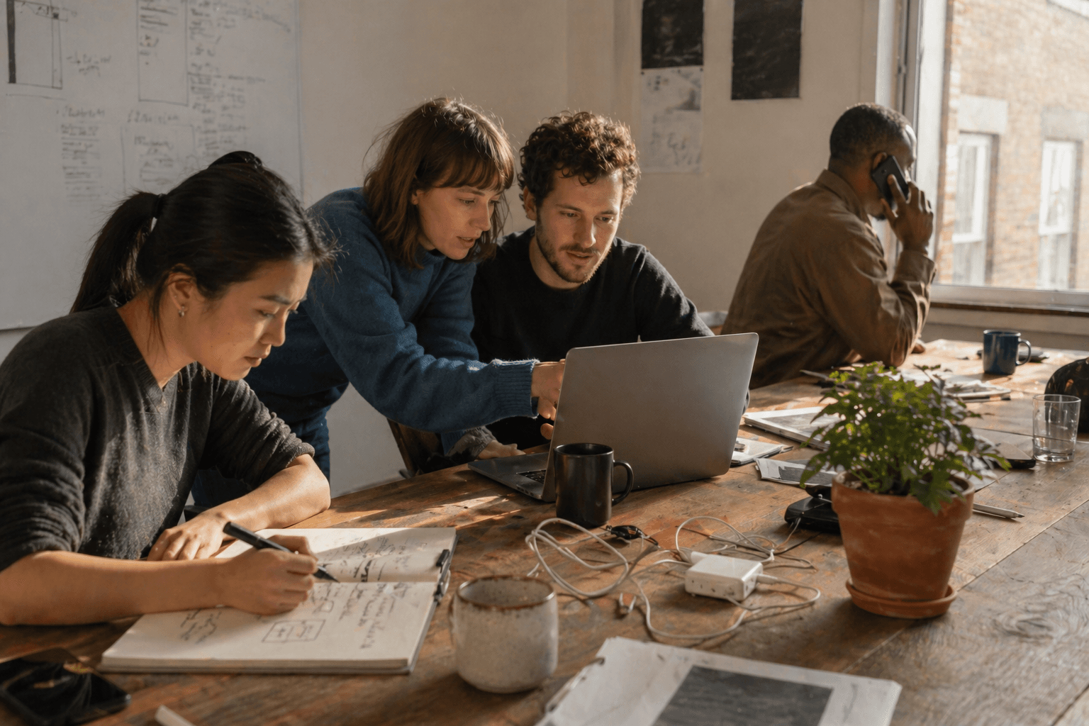 A small team working together around a long wooden desk in a quiet UK office, late afternoon.