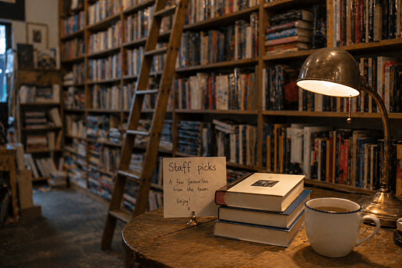 Interior of a small independent UK bookshop with a wooden rolling ladder against floor-to-ceiling shelves.
