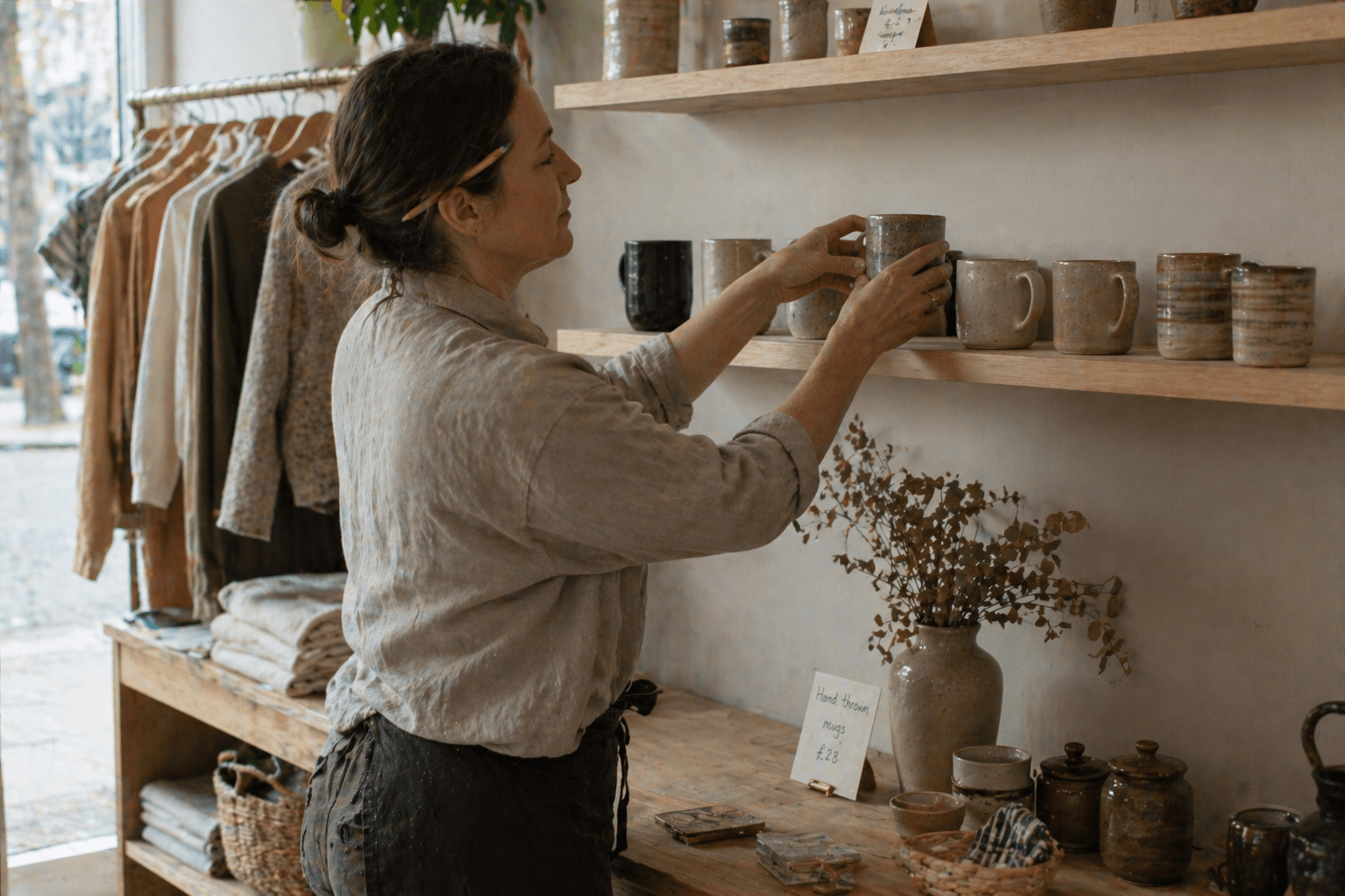 A maker arranging hand-thrown ceramic mugs on a pale oak shelf inside her small UK boutique.