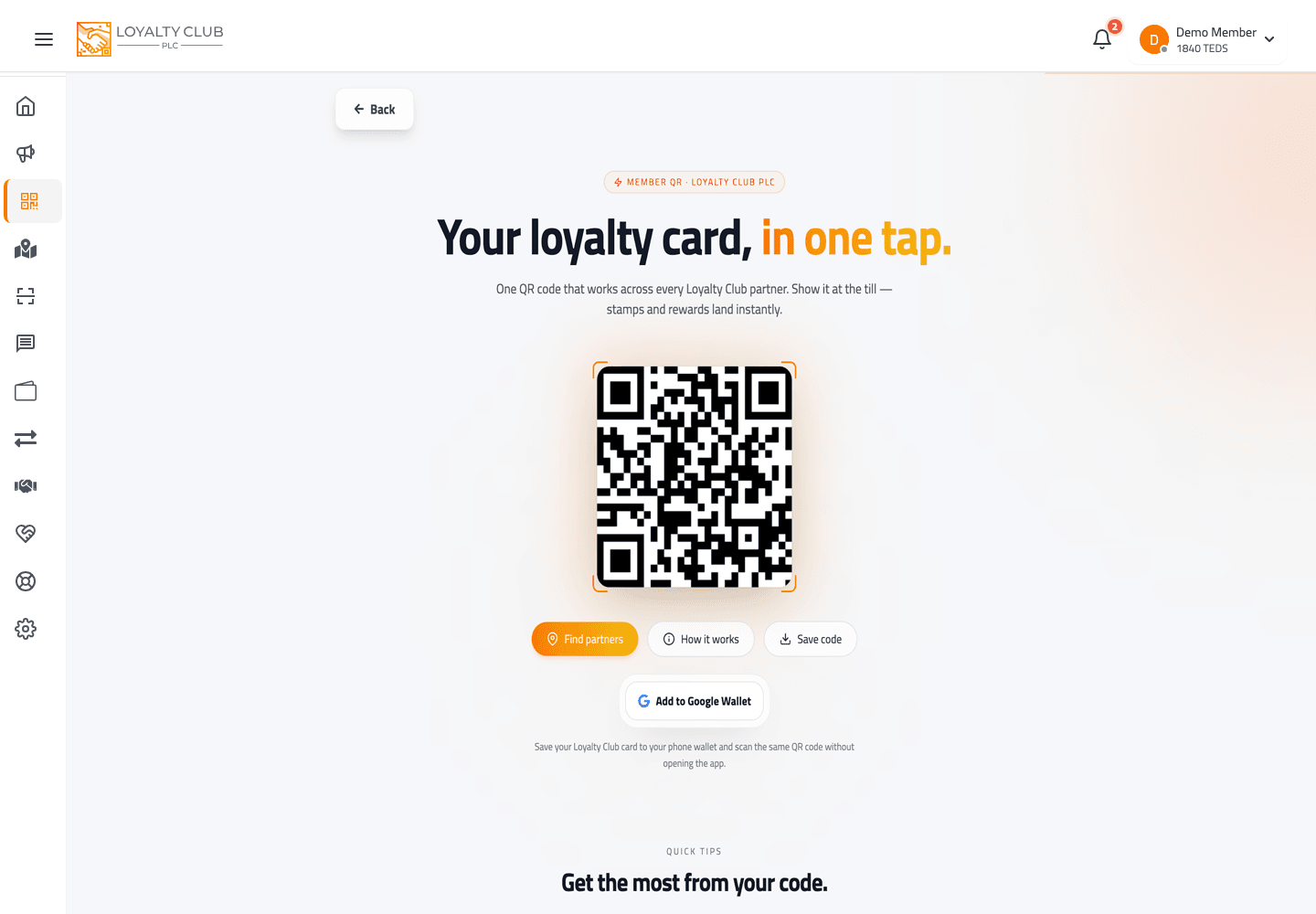 Member portal My QR screen showing a large loyalty QR code for staff to scan at the till.