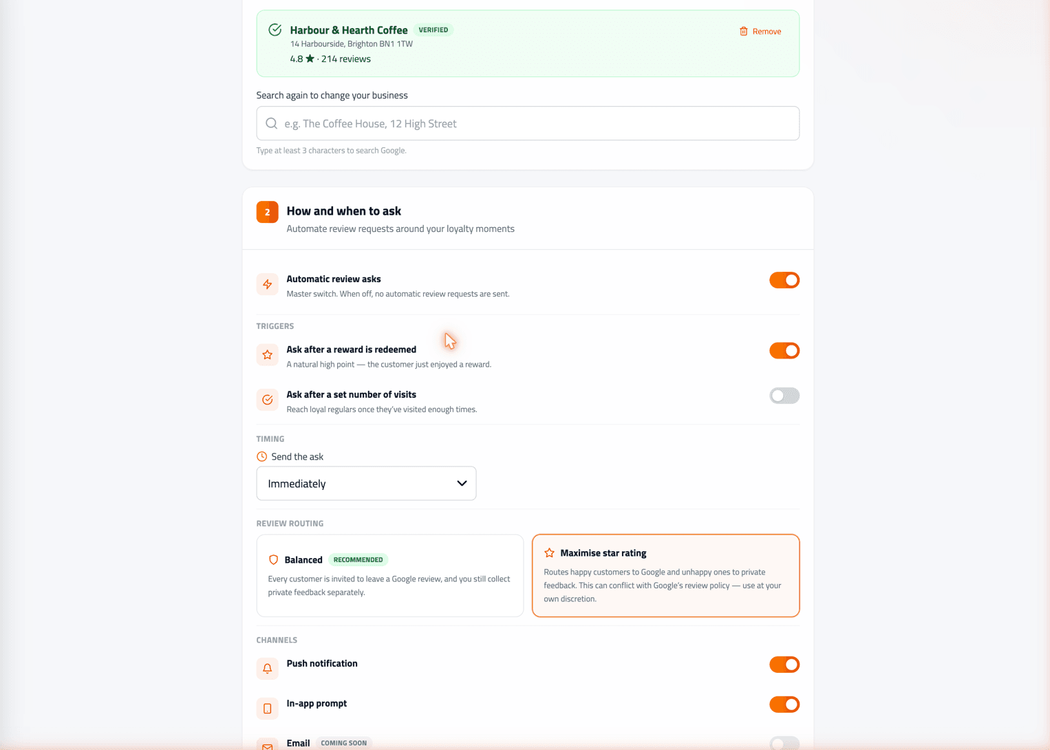 Partner portal Review Setup screen showing Google business connection, ask triggers, timing and review routing options.