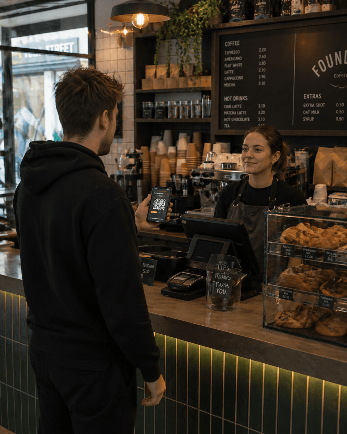 A customer holding up their phone with a Loyalty Club QR code for a barista to scan at the café till.