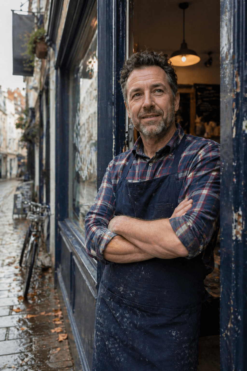 An independent UK shop owner leaning against the open doorway of his high-street shop after the rain.
