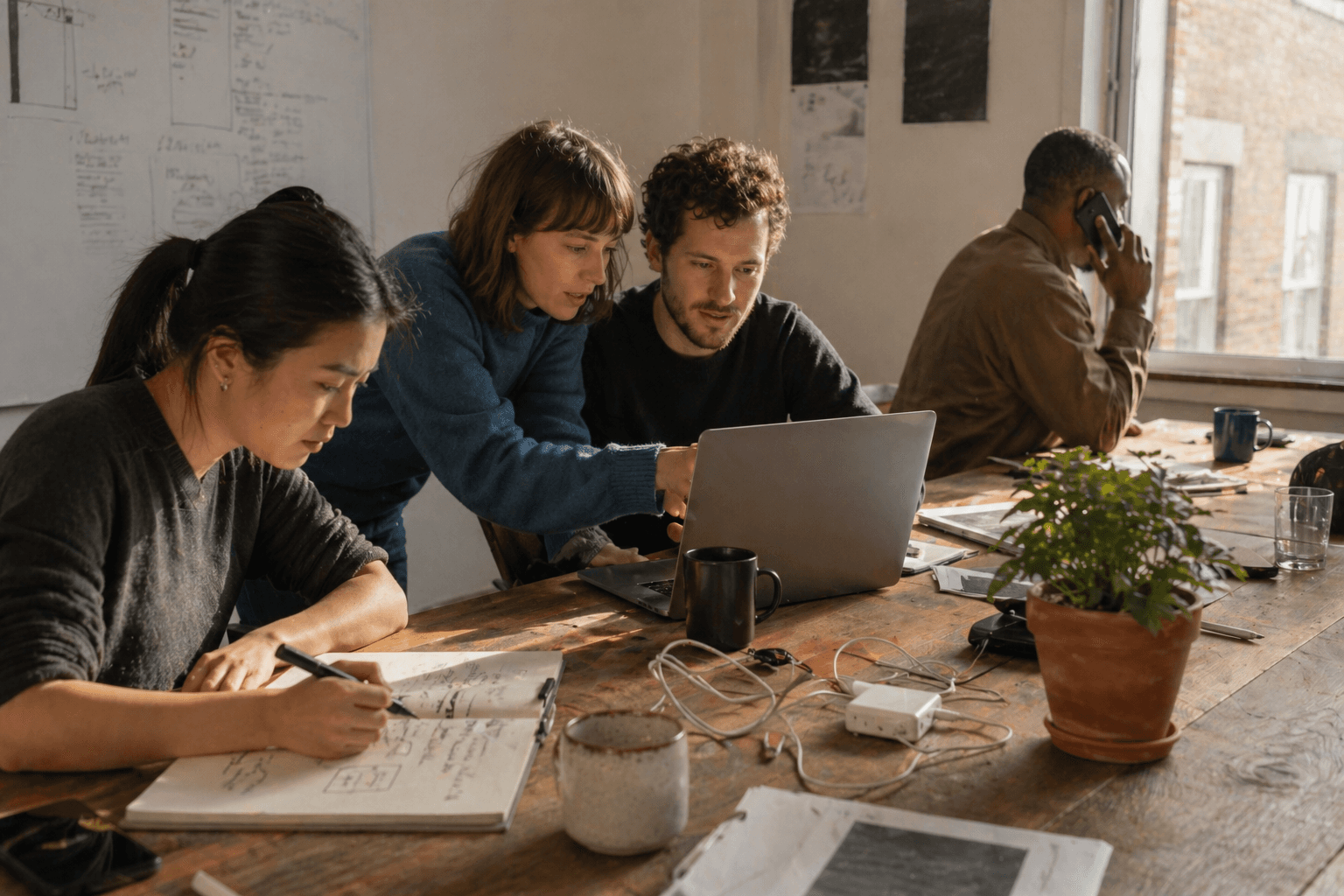 A small team working together around a long wooden desk in a quiet UK office, late afternoon.
