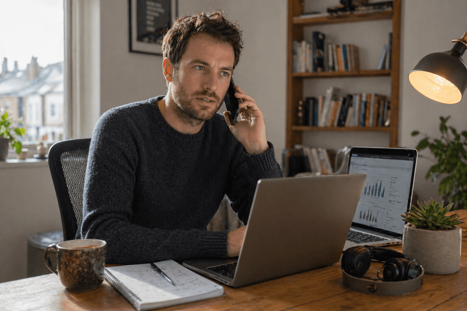 A man working from a small home office, on a call with a notepad and a laptop showing a generic dashboard.