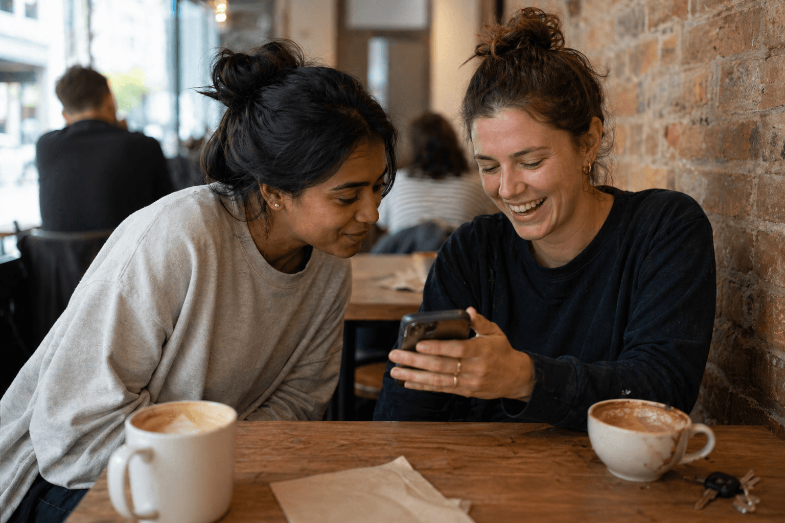 Two friends sharing a single smartphone screen at a café table, mid-laugh.