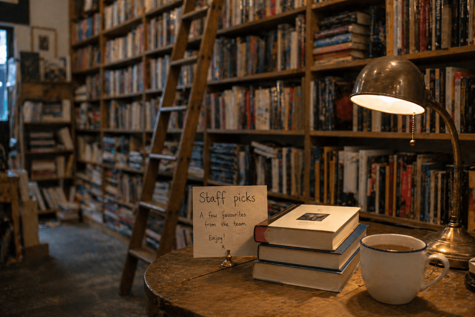 Interior of a small independent UK bookshop with a wooden rolling ladder against floor-to-ceiling shelves.