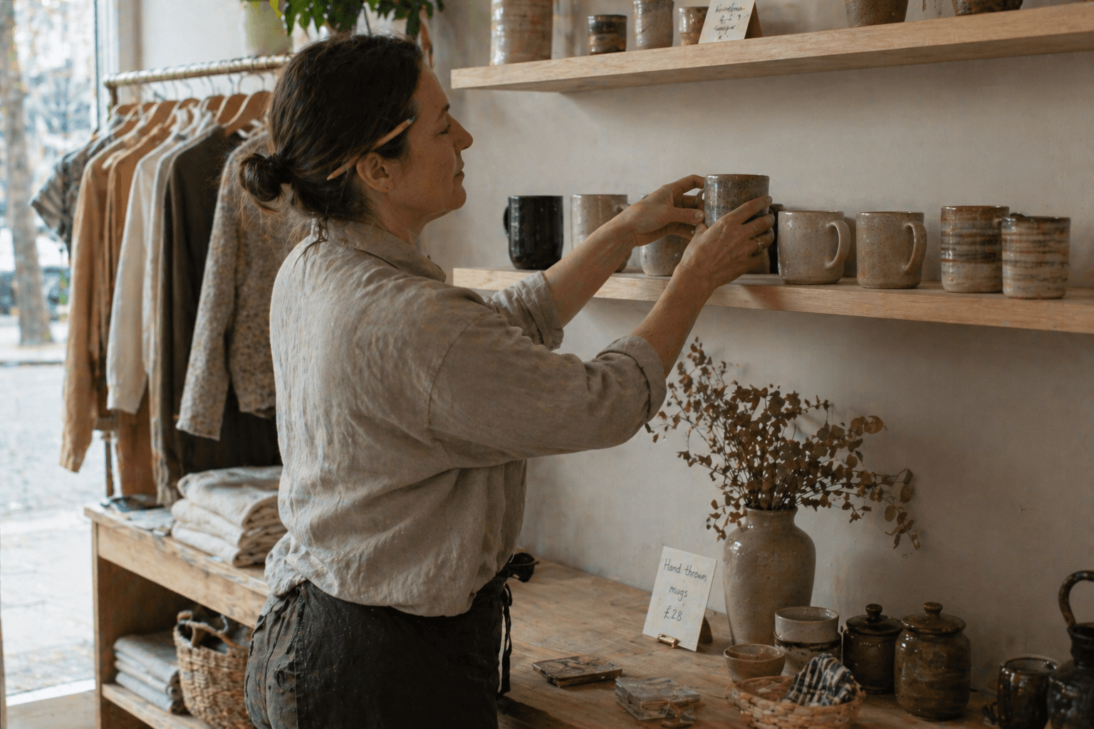 A maker arranging hand-thrown ceramic mugs on a pale oak shelf inside her small UK boutique.