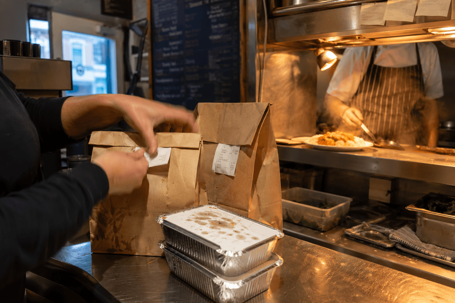 A takeaway counter inside a small independent UK restaurant during the evening rush, paper bags being filled with foil containers.