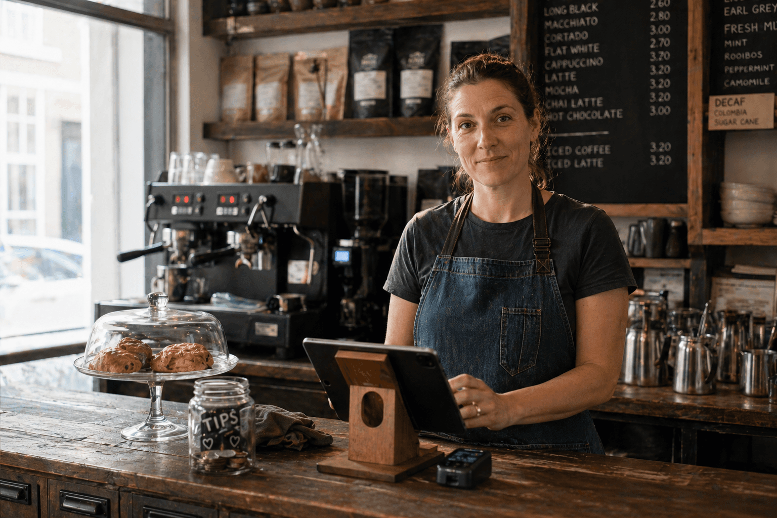 An independent café owner standing behind her counter with a tablet POS, looking up with a calm half-smile.