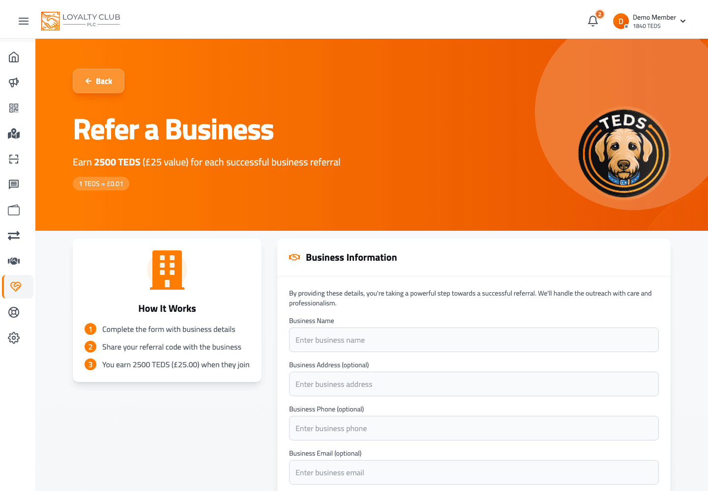 Member portal refer a business screen showing the business referral form and reward information.