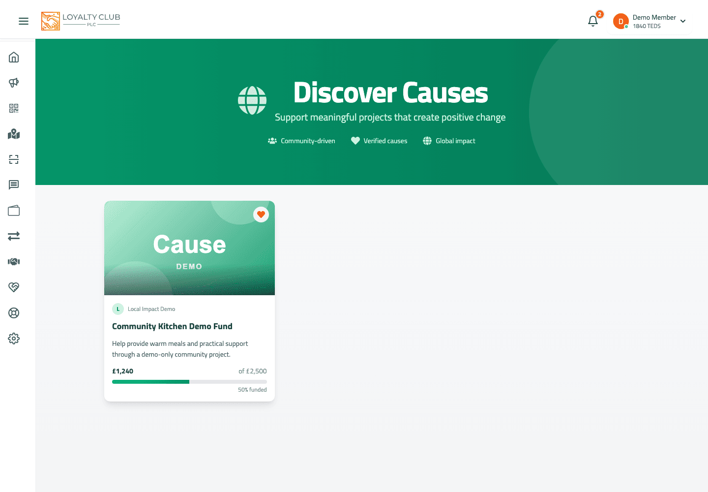 Member portal causes screen showing a community fundraising cause card.