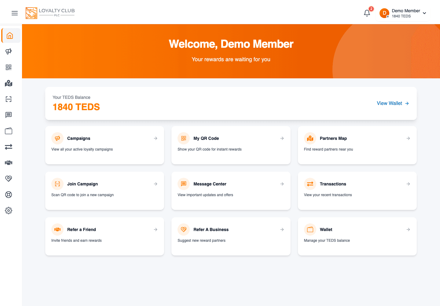 Member portal dashboard showing TEDS balance and shortcuts for campaigns, QR code, partners, messages and wallet.