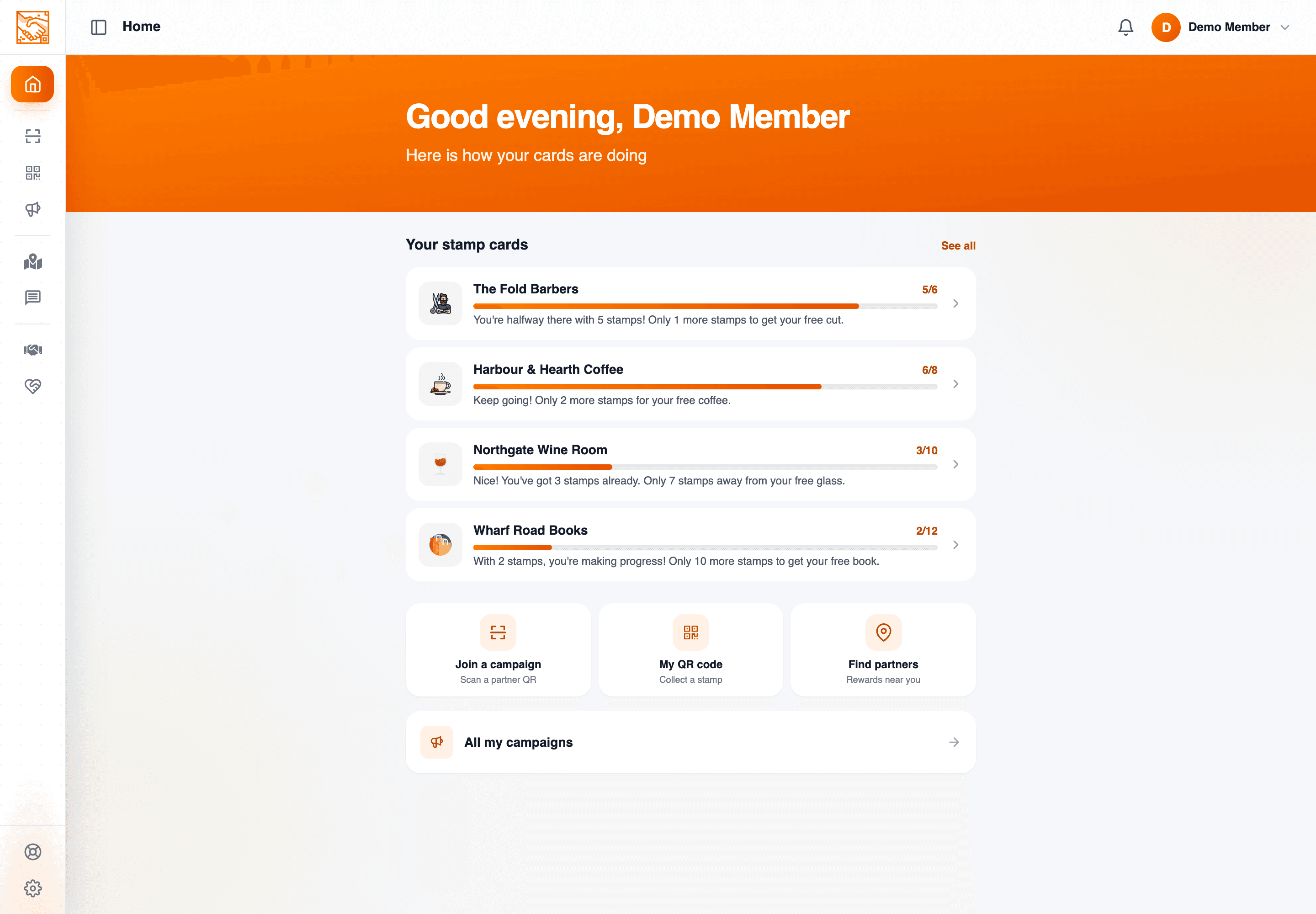 Member portal dashboard with shortcuts for campaigns, QR code, partners, messages and wallet.