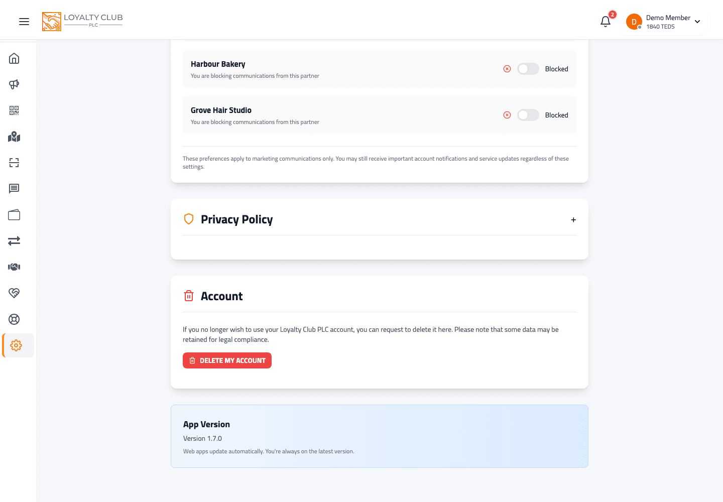 Member portal settings screen showing blocked businesses, privacy policy and delete account controls.