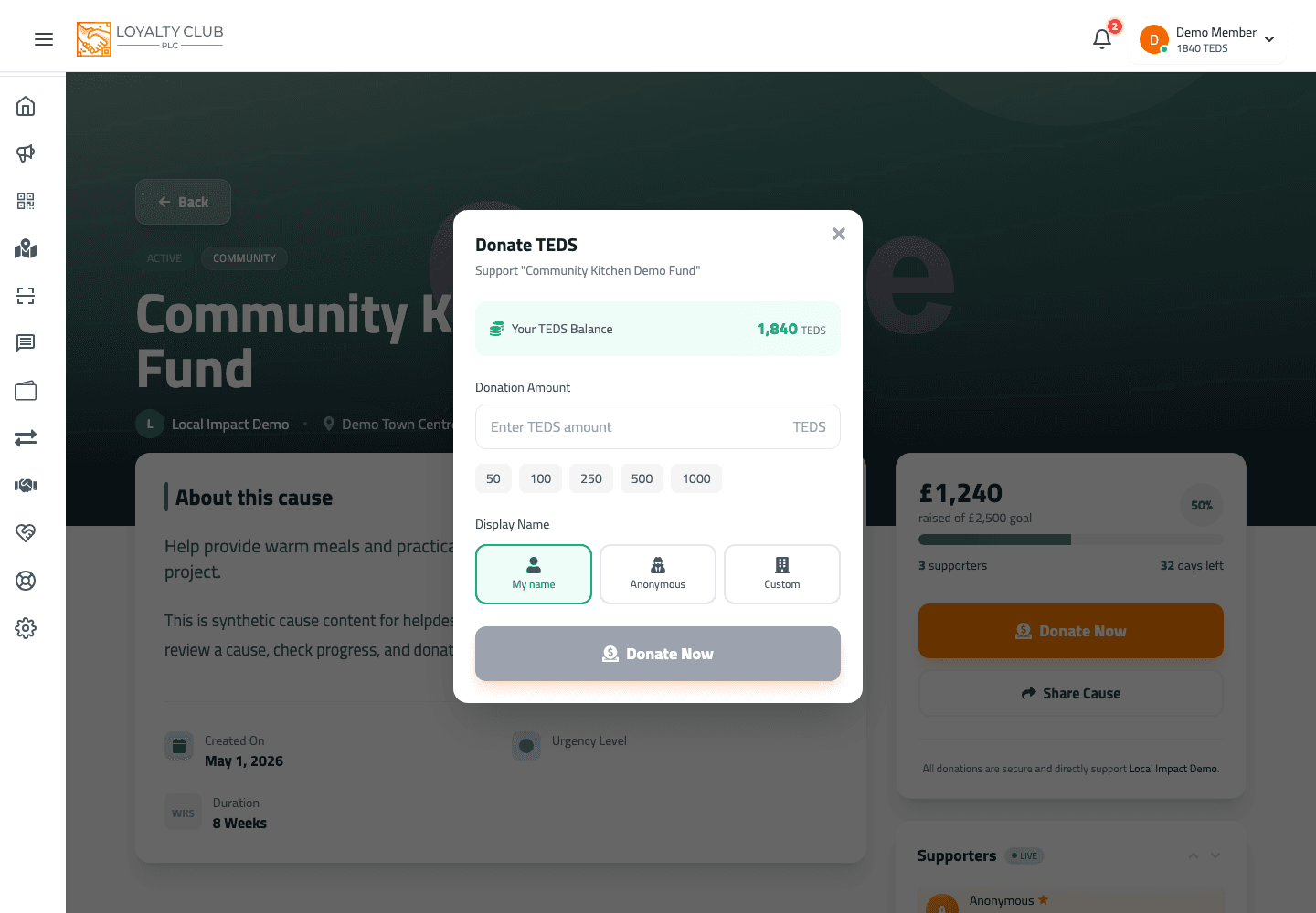 Member portal donate modal showing TEDS donation amount choices and display name options.