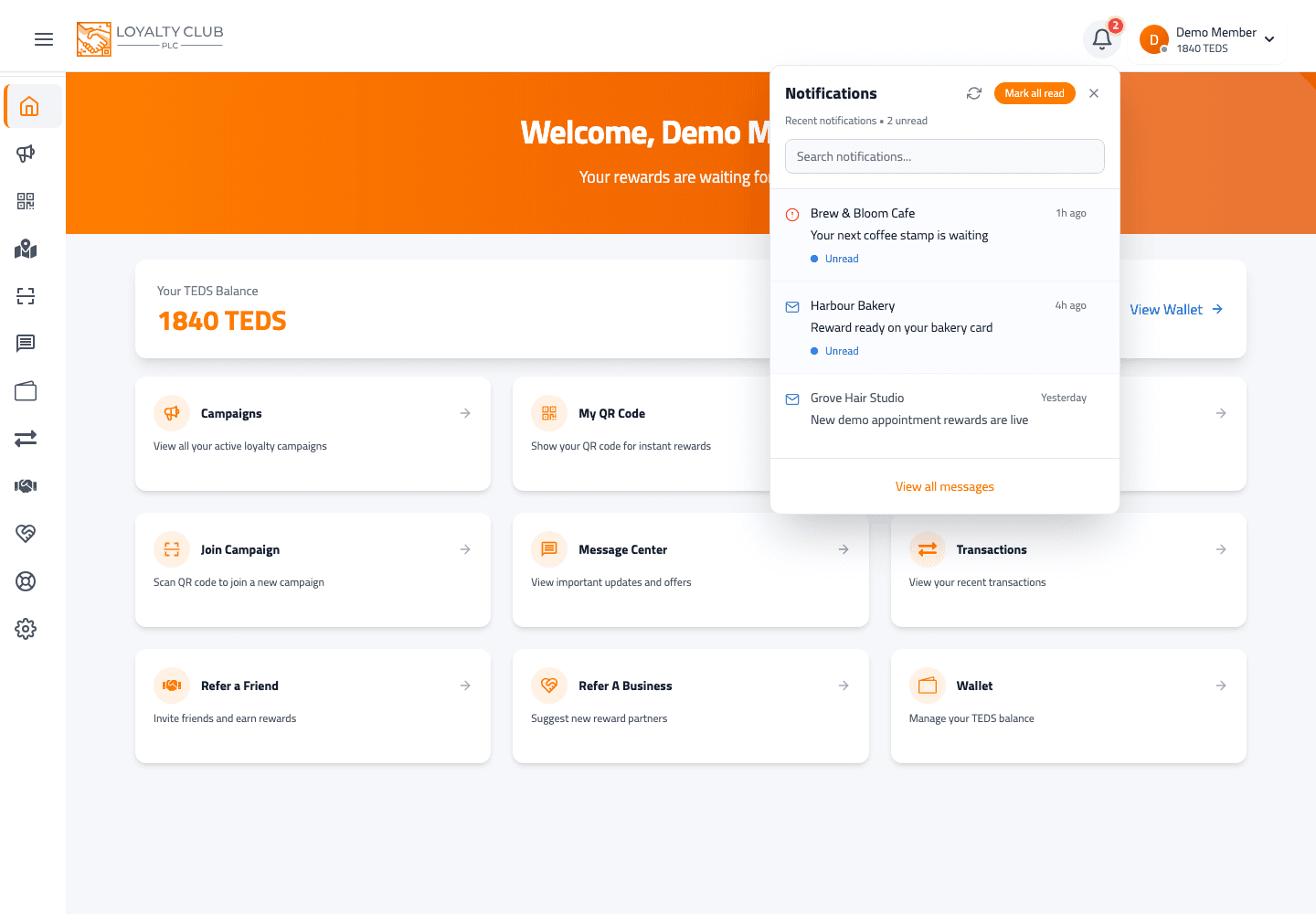 Member portal dashboard with notification menu open showing recent partner messages.
