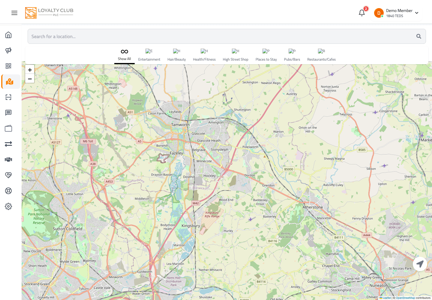 Member portal partners map showing nearby partner businesses and category filters.
