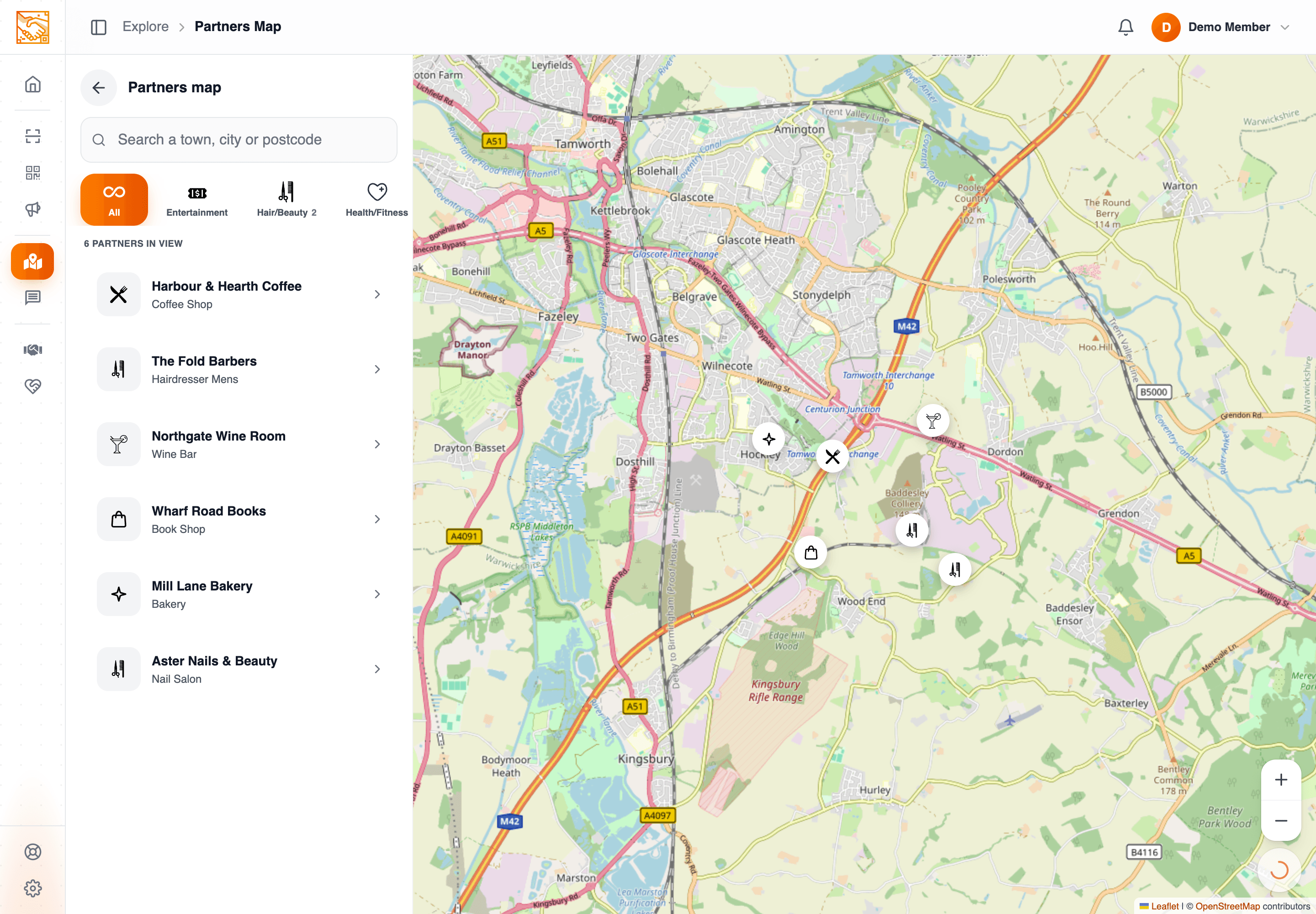 Member portal partners map showing nearby partner businesses and category filters.