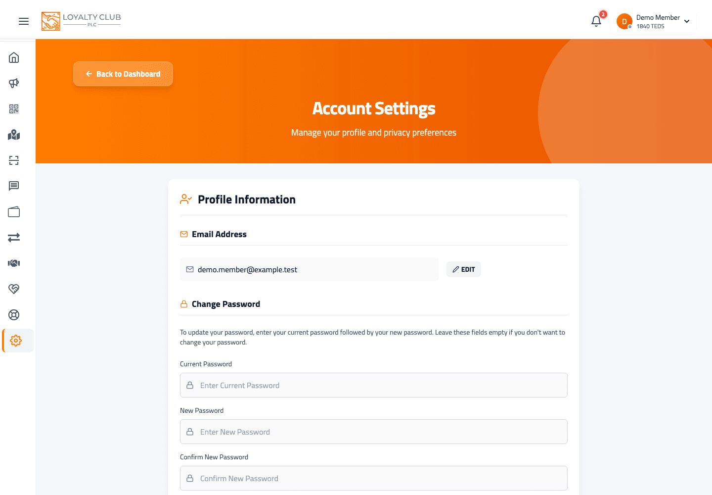 Member portal account settings screen showing email and password controls.