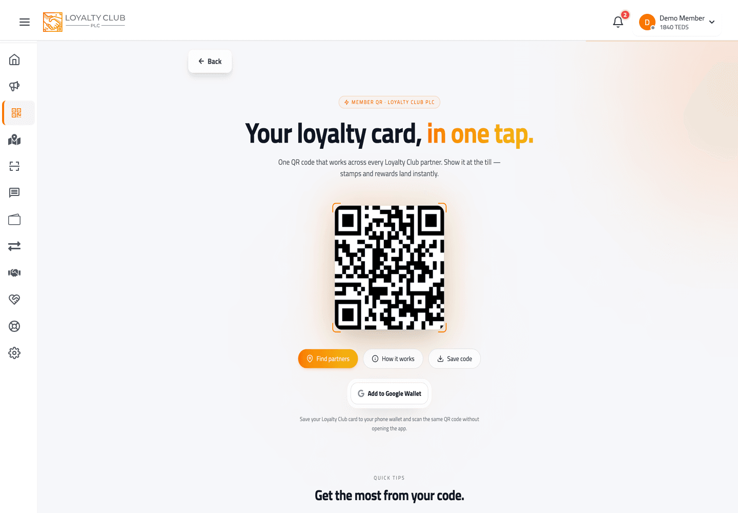 Member portal My QR screen showing a large loyalty QR code for staff to scan at the till.