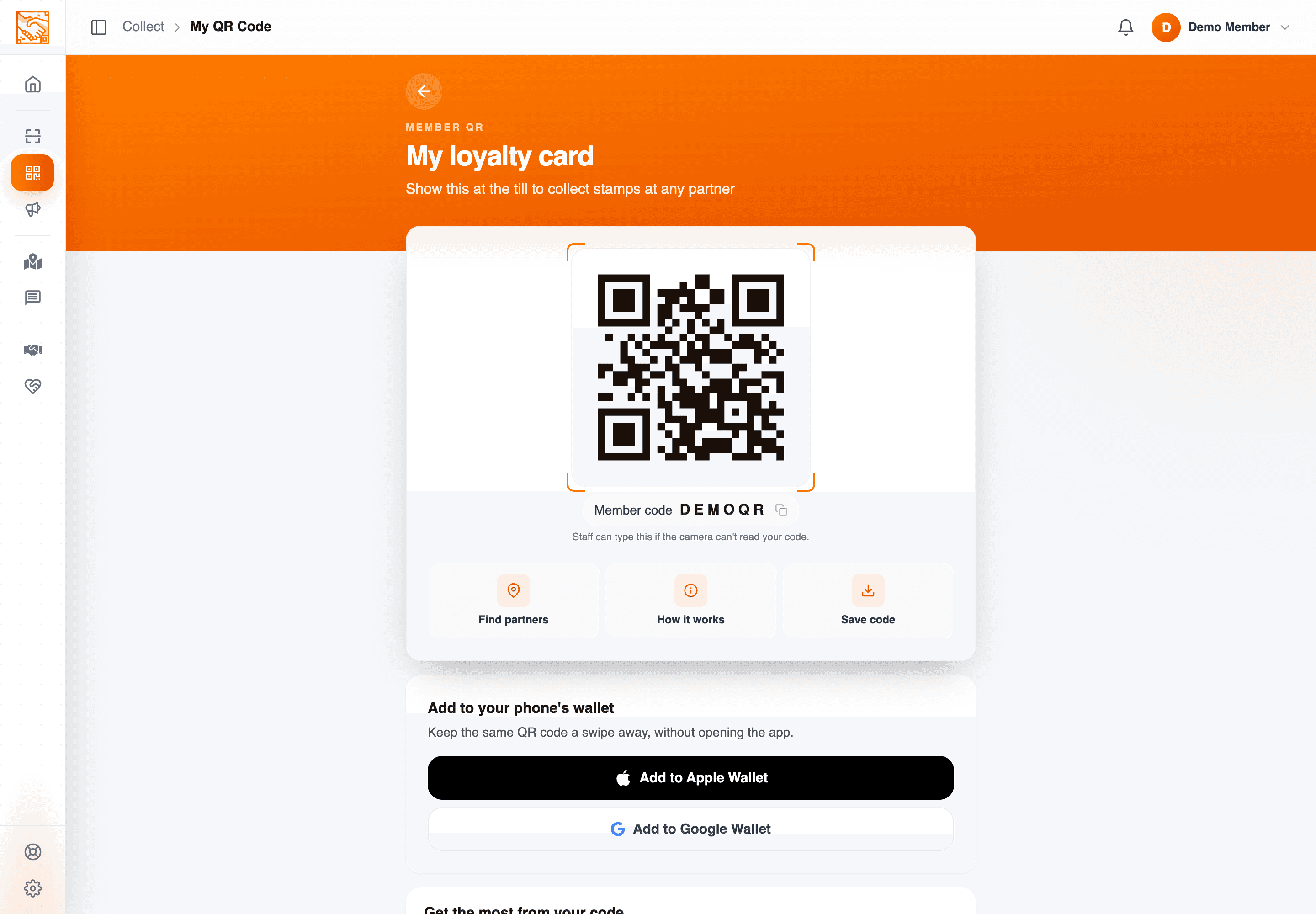 Member portal My QR screen showing a large loyalty QR code for staff to scan at the till.