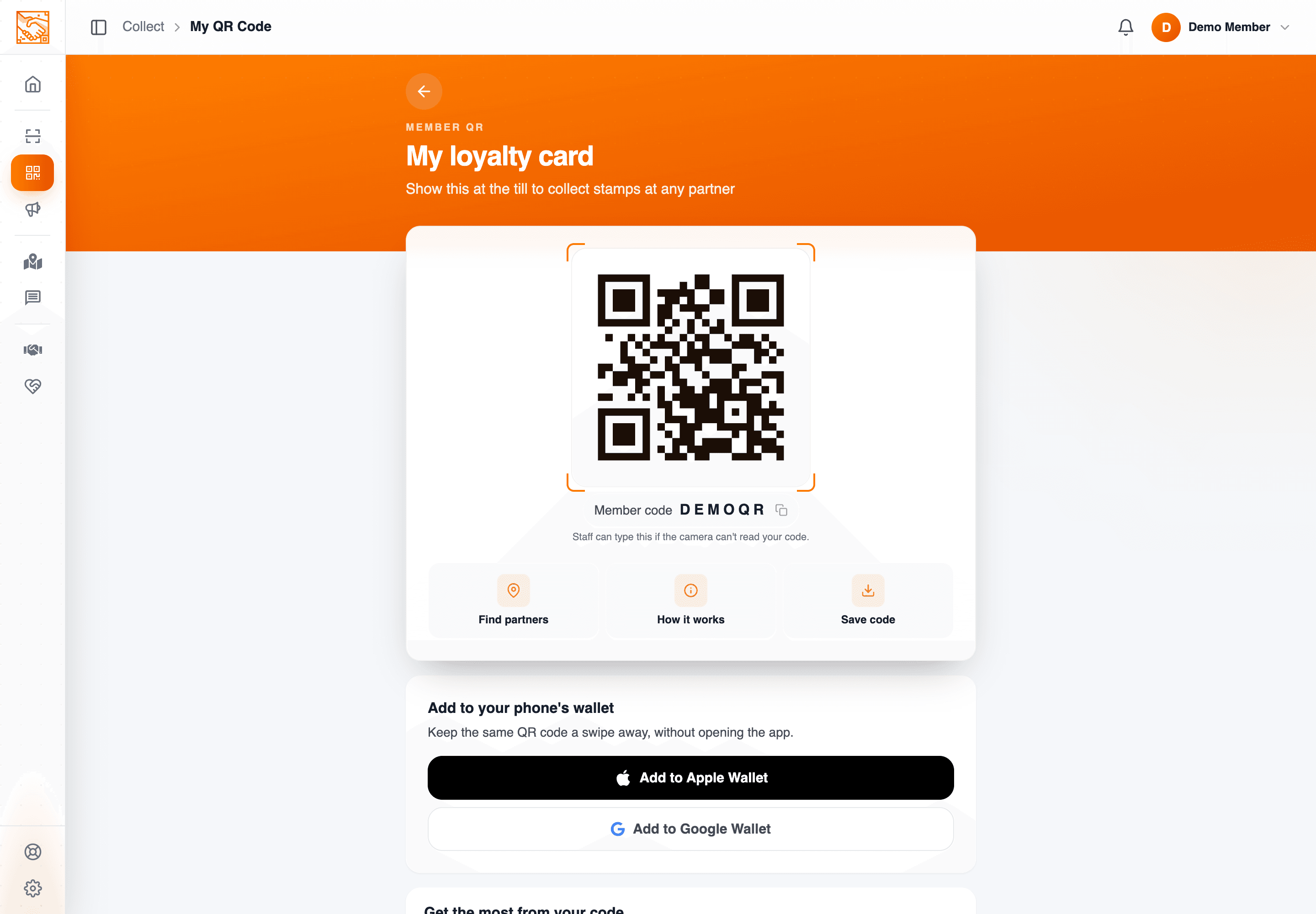 Member portal My QR screen: the loyalty QR code with the Add to Apple Wallet and Add to Google Wallet buttons beneath it.