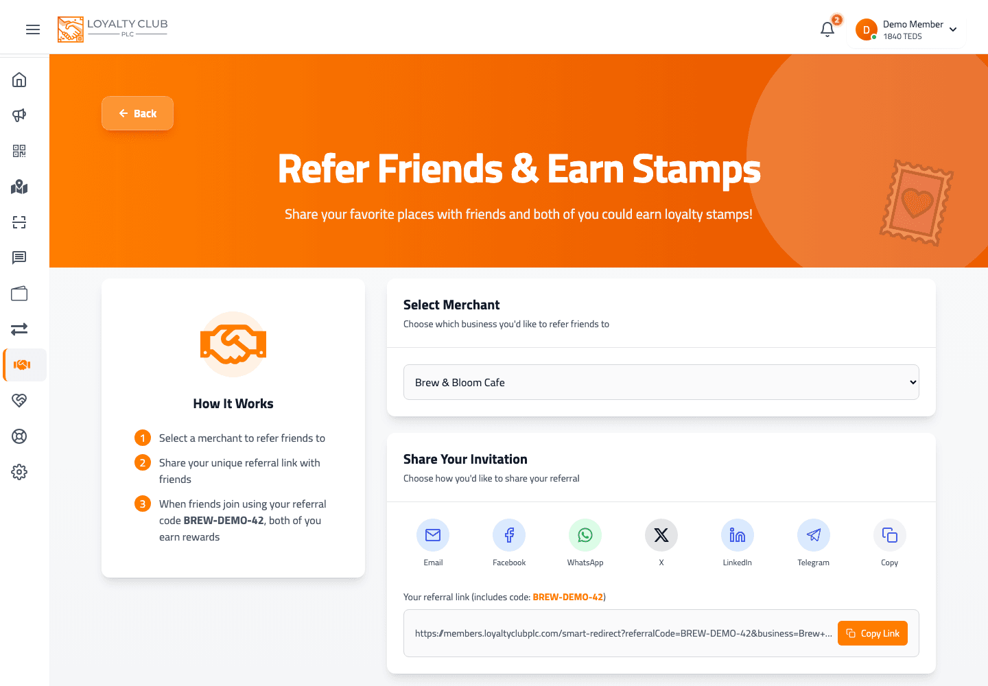 Member portal refer friends screen showing partner selection, sharing buttons and a referral link.