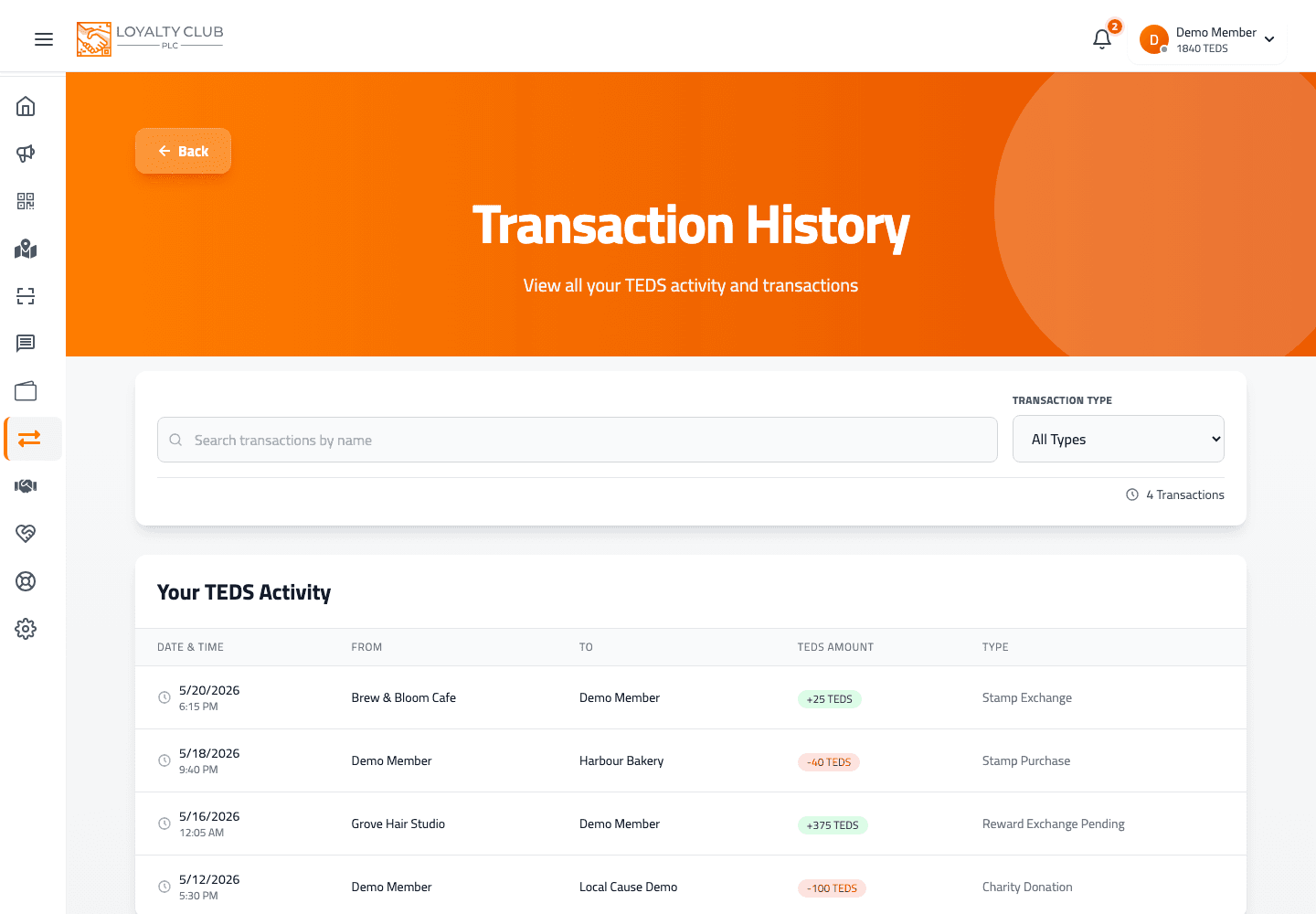 Member portal transaction history screen showing TEDS activity and filters.