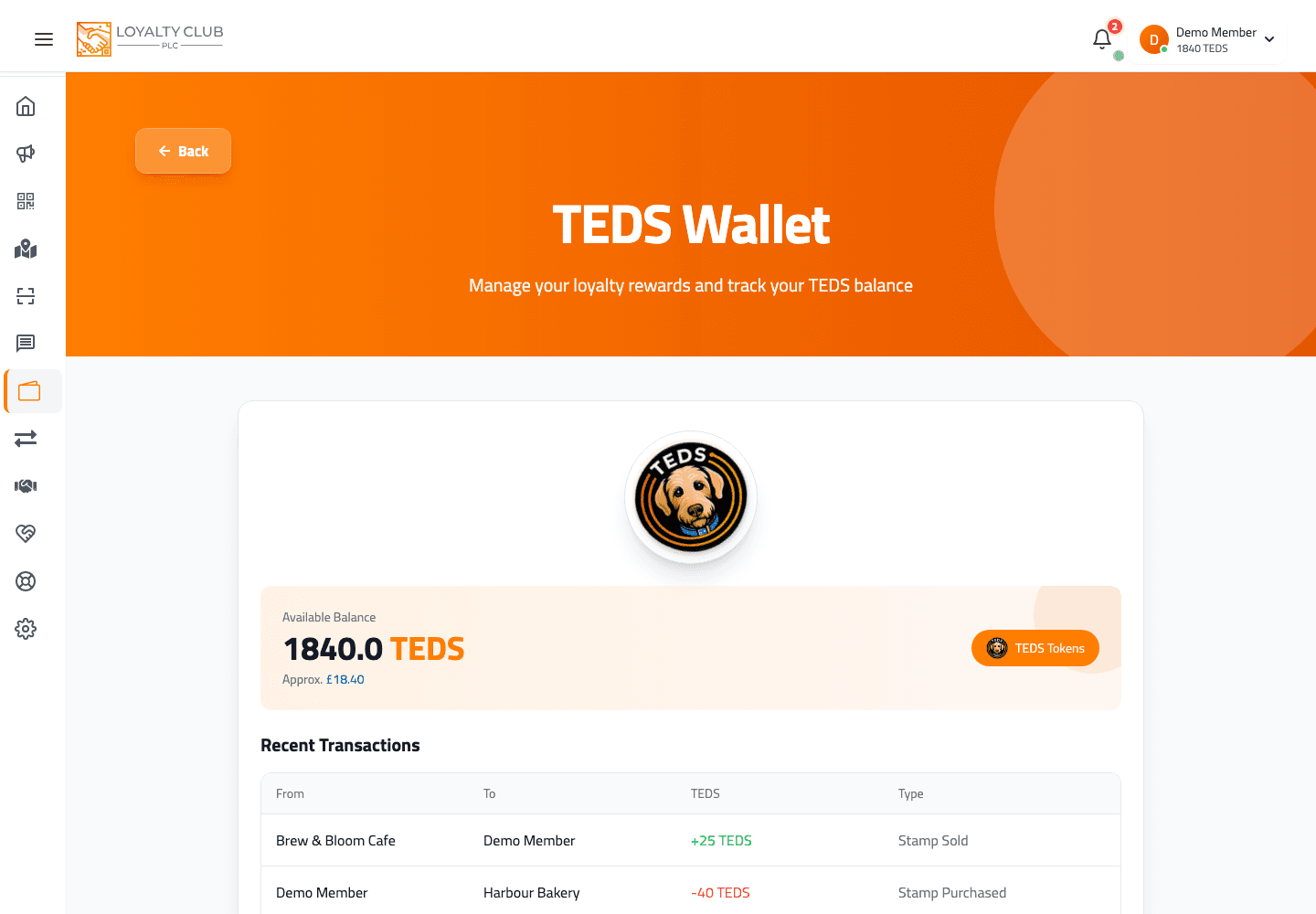Member portal TEDS wallet screen showing available balance and recent transactions.