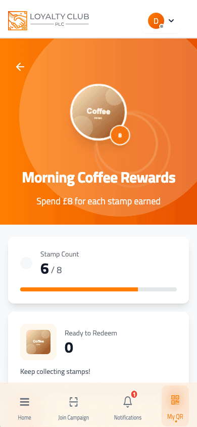 Mobile member portal campaign detail screen showing stamp count and reward progress.