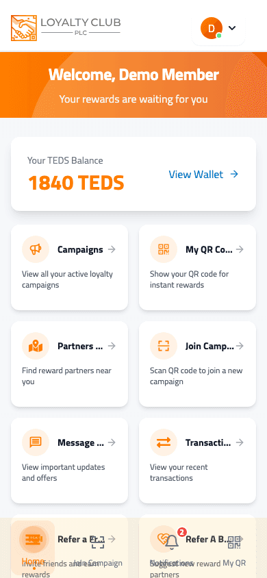 Mobile member portal dashboard showing TEDS balance and main app shortcuts.