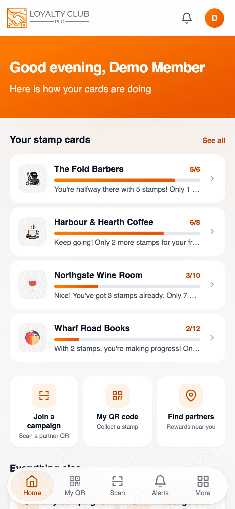 Mobile member portal dashboard showing the main app shortcuts.