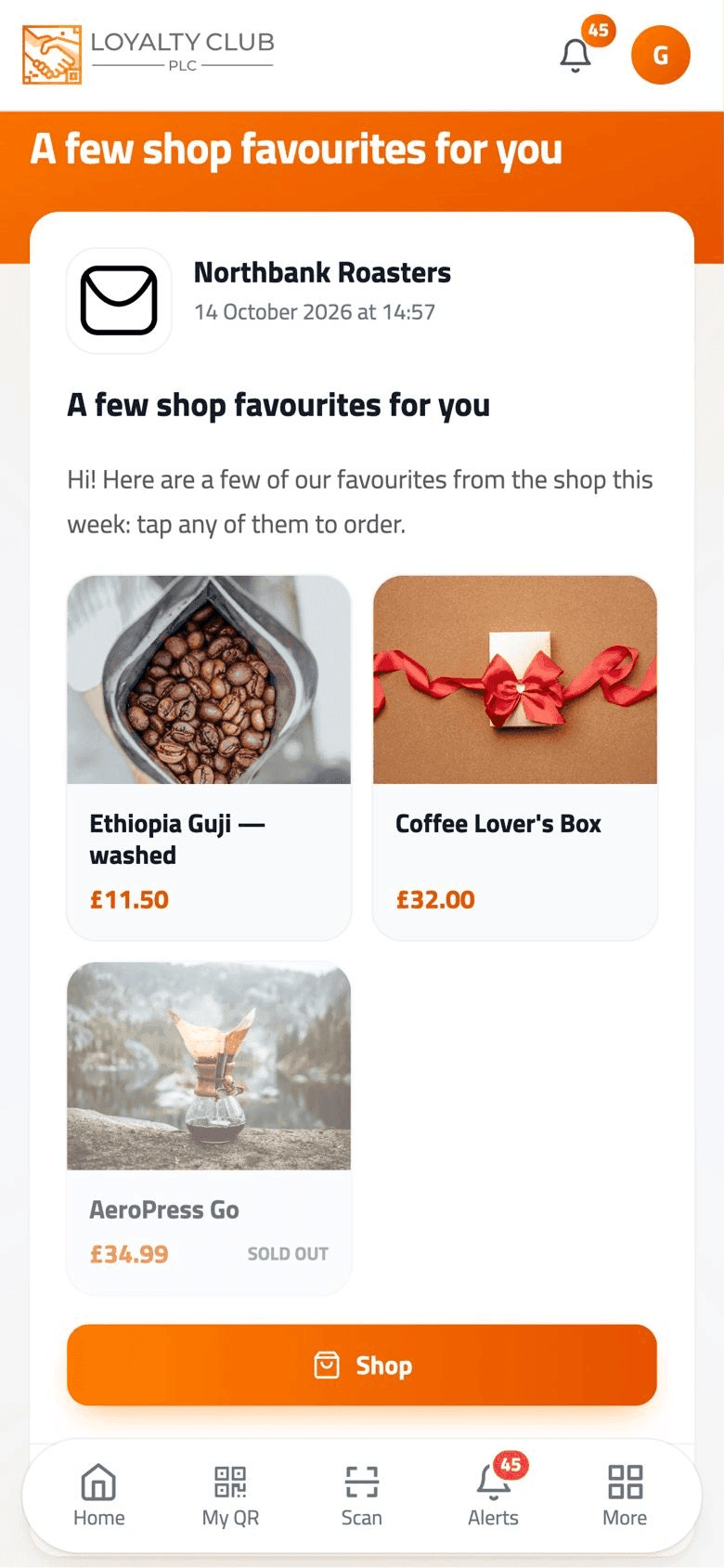 A Northbank Roasters message open in the members app on a phone, with product cards two to a row under the message and an orange Shop button.