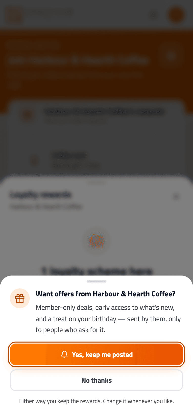 Phone showing the Want offers from Harbour & Hearth Coffee? question with Yes, keep me posted and No thanks buttons.