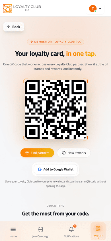 Mobile member portal My QR screen showing a loyalty QR code and wallet pass button.