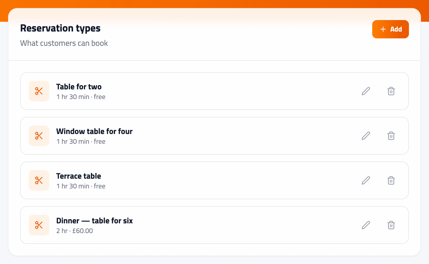 Booking settings listing what customers can book, each with its length and price, above the team toggles.