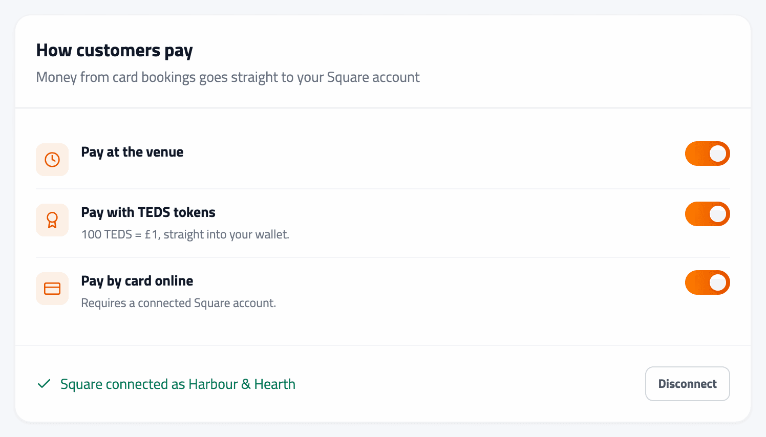 Booking settings showing the three ways to pay with Square connected, the loyalty rewards switches and the campaign selector.