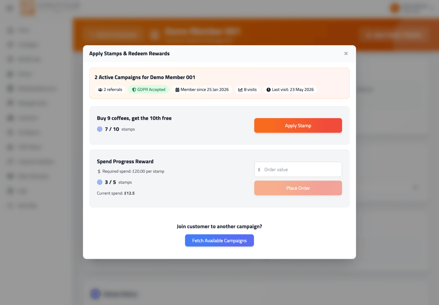 Partner portal customer campaign progress screen showing stamp counts and joined campaigns.