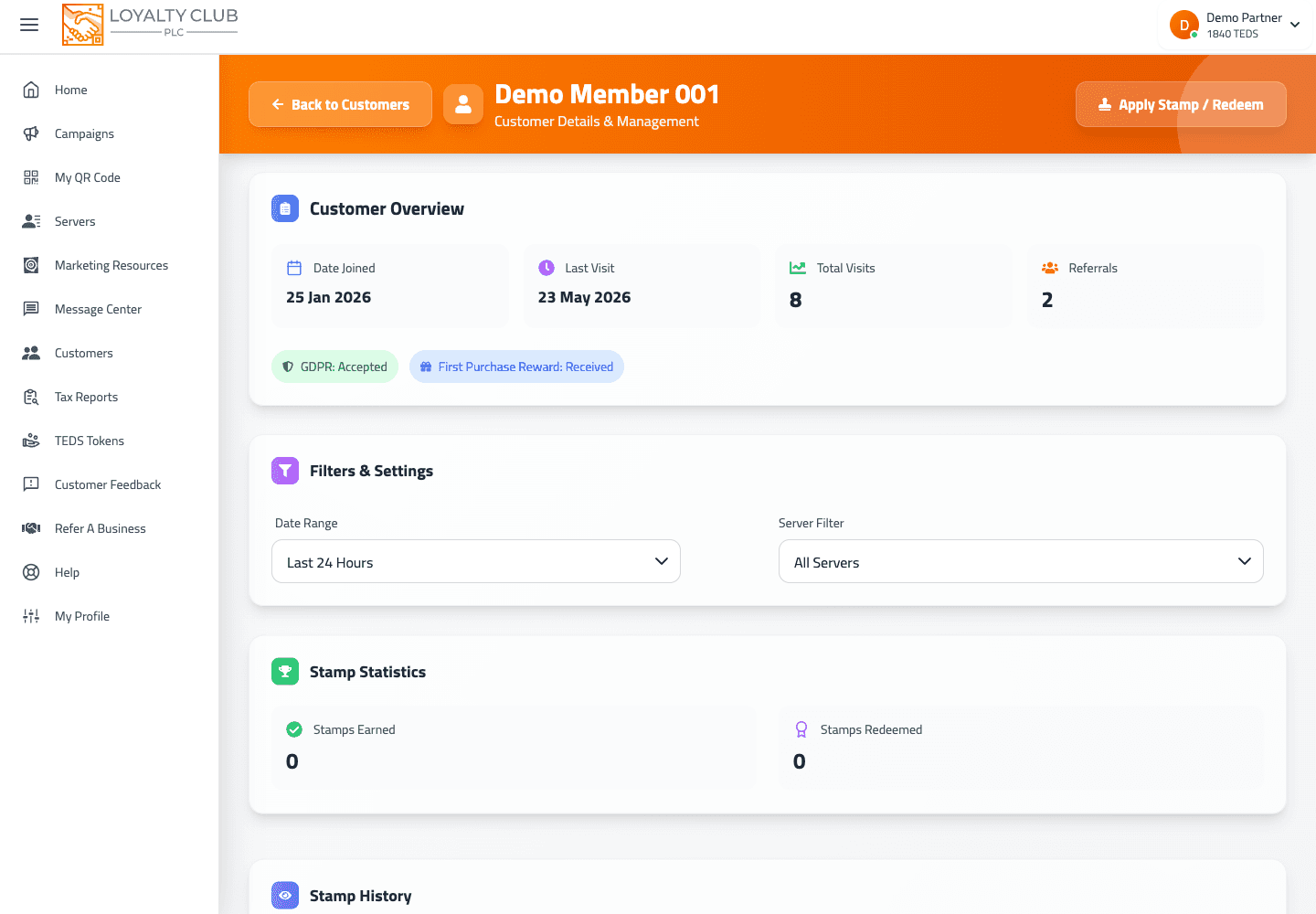Partner Portal customer profile showing campaign progress and recent member details.