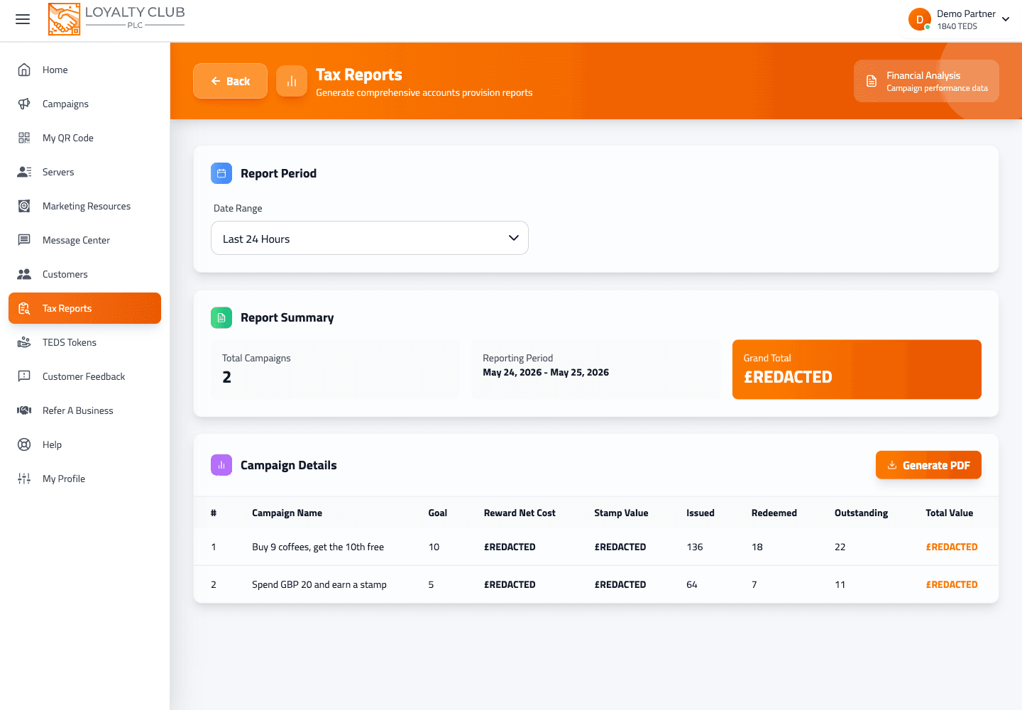 Partner Portal tax report screen showing report filters and export controls.