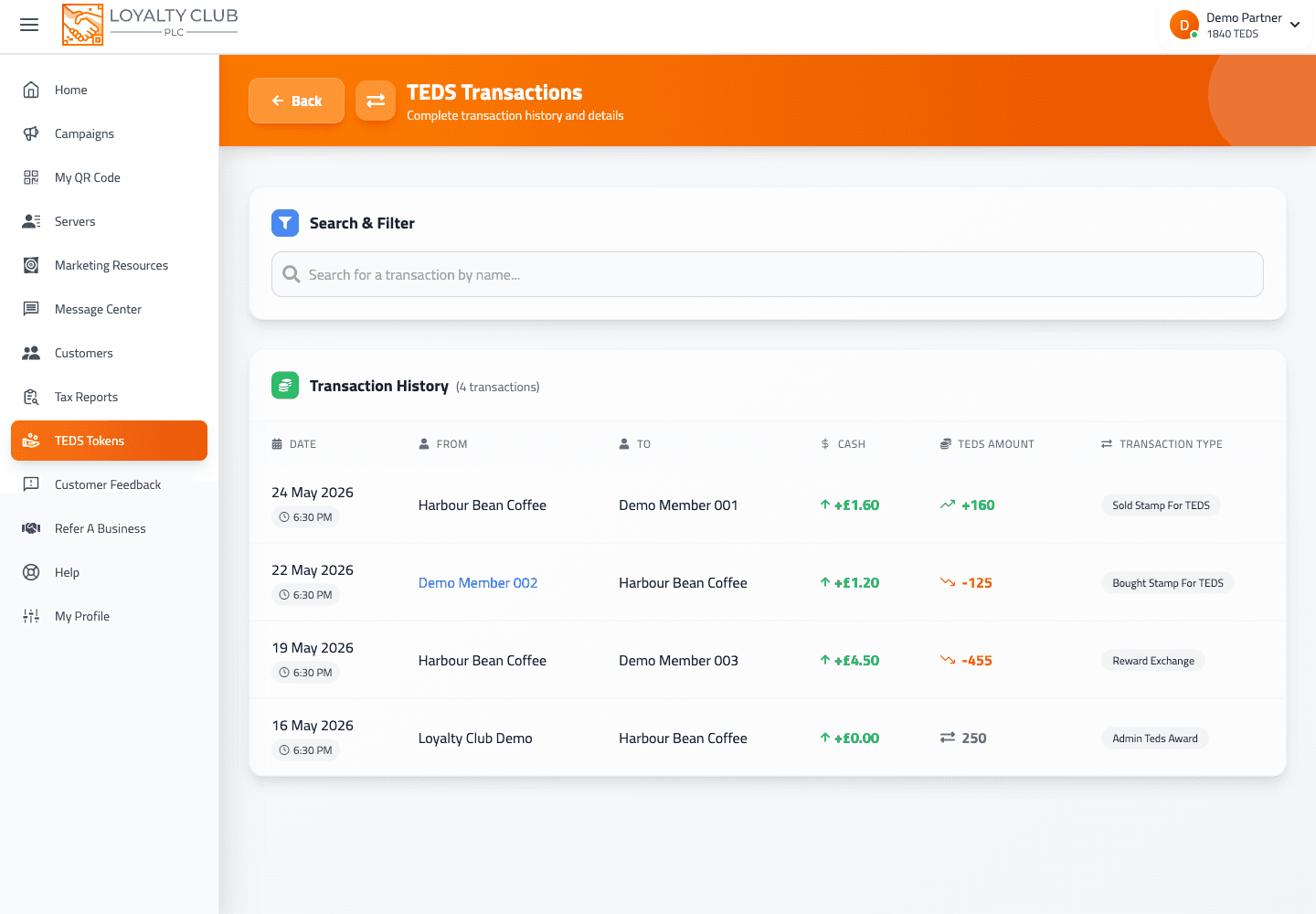Partner Portal TEDS transactions table showing available, pending and transaction history.