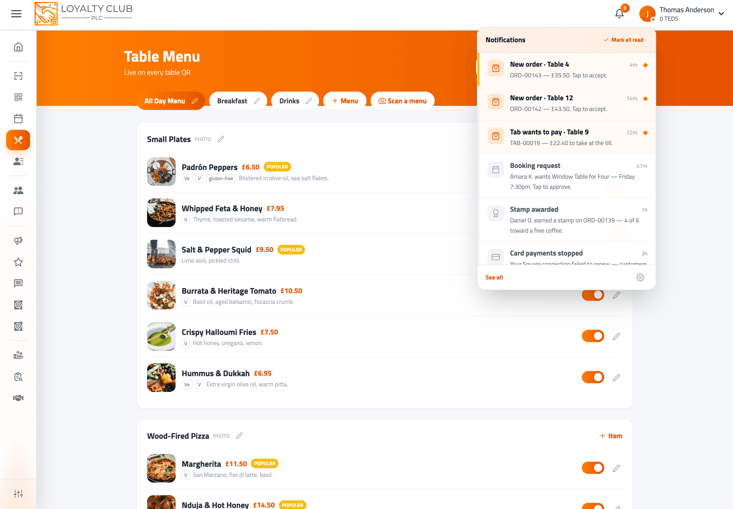 Partner portal header with the notification bell open, showing recent order and booking notifications.