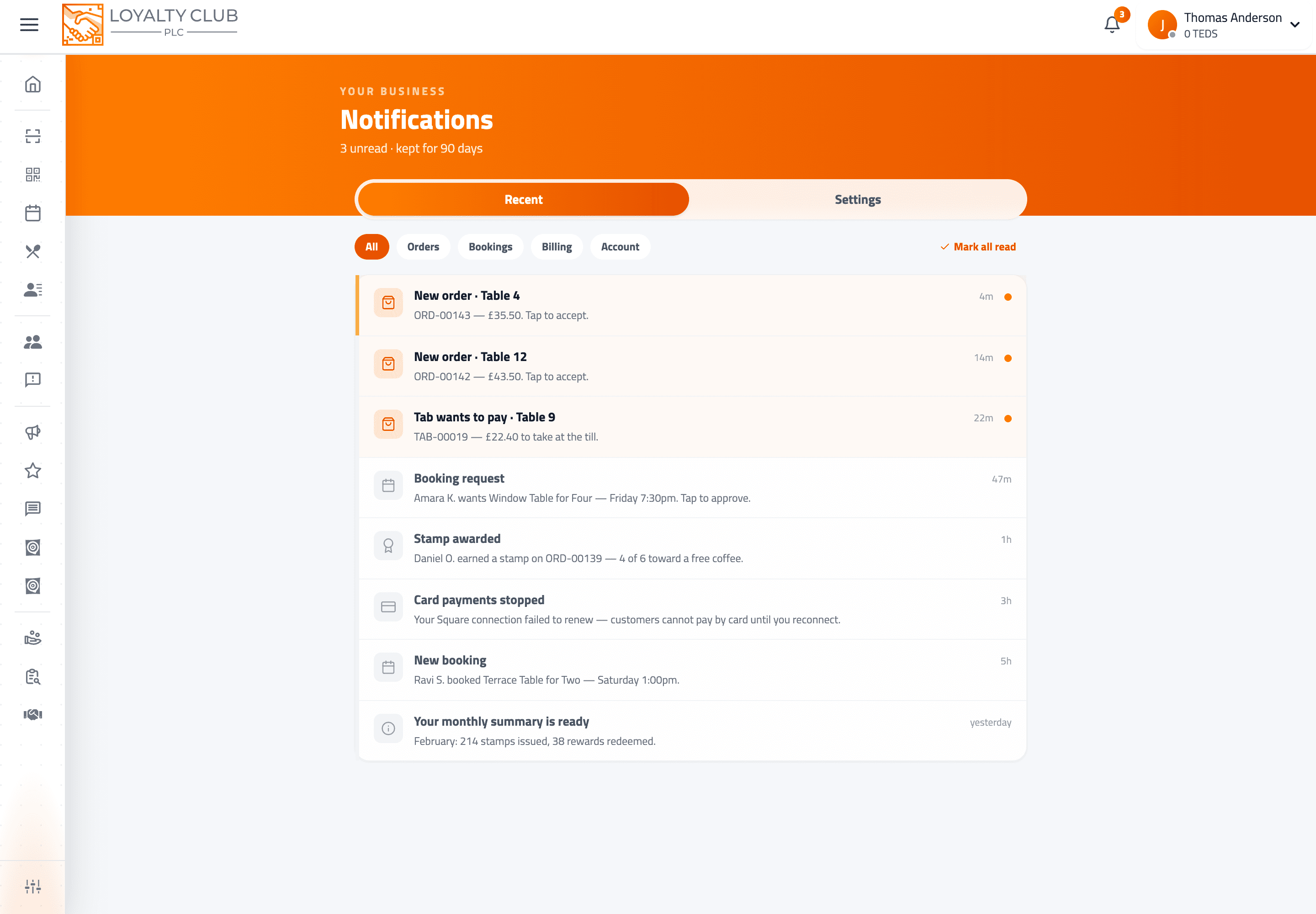 Notifications history page with category filters and a list of notifications with unread emphasis.