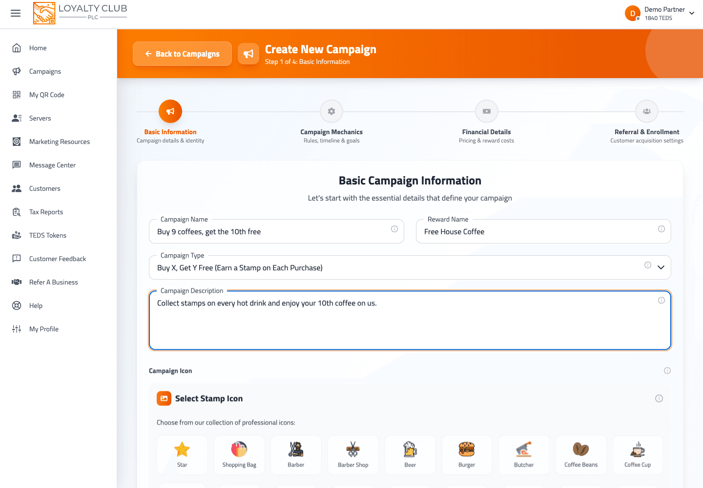Campaign builder basic information step with campaign name, reward and type fields.