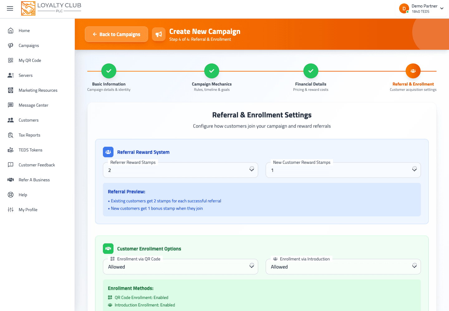Campaign builder referral and enrollment step showing referral bonuses and QR enrollment.
