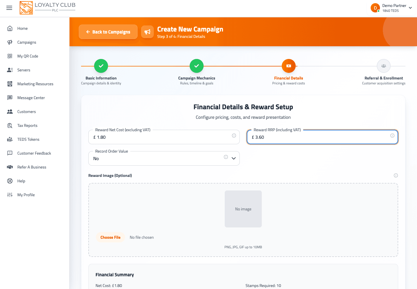 Campaign builder financial step showing reward values and the TEDS Trading System toggle.