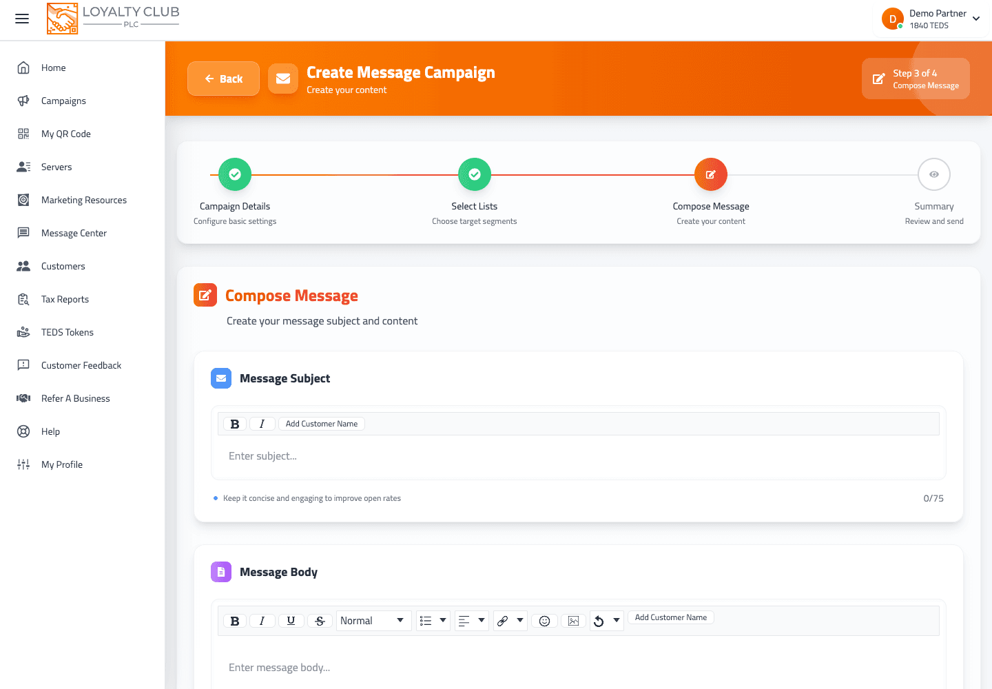 Message composer showing target campaign, subject and message body fields.