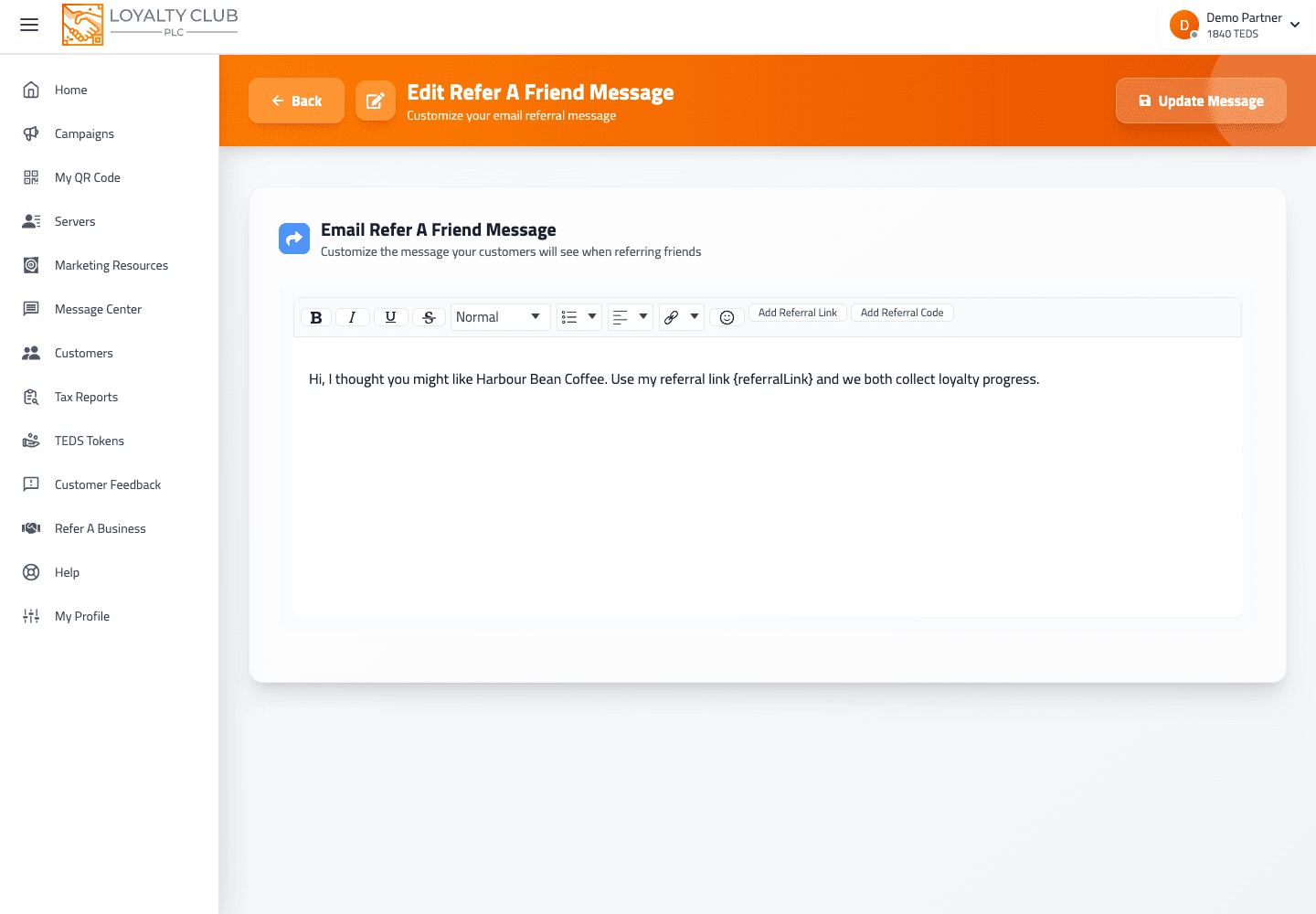 Referral message template screen showing copy for referred customers.